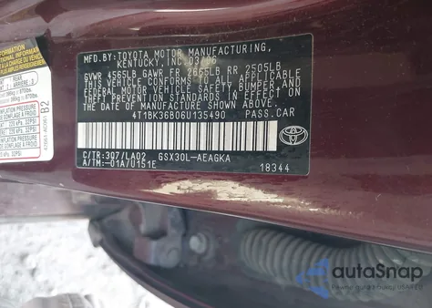 2006 Toyota Avalon Xls z USA, uszkodzony, nr VIN 4T1BK36B06U135490